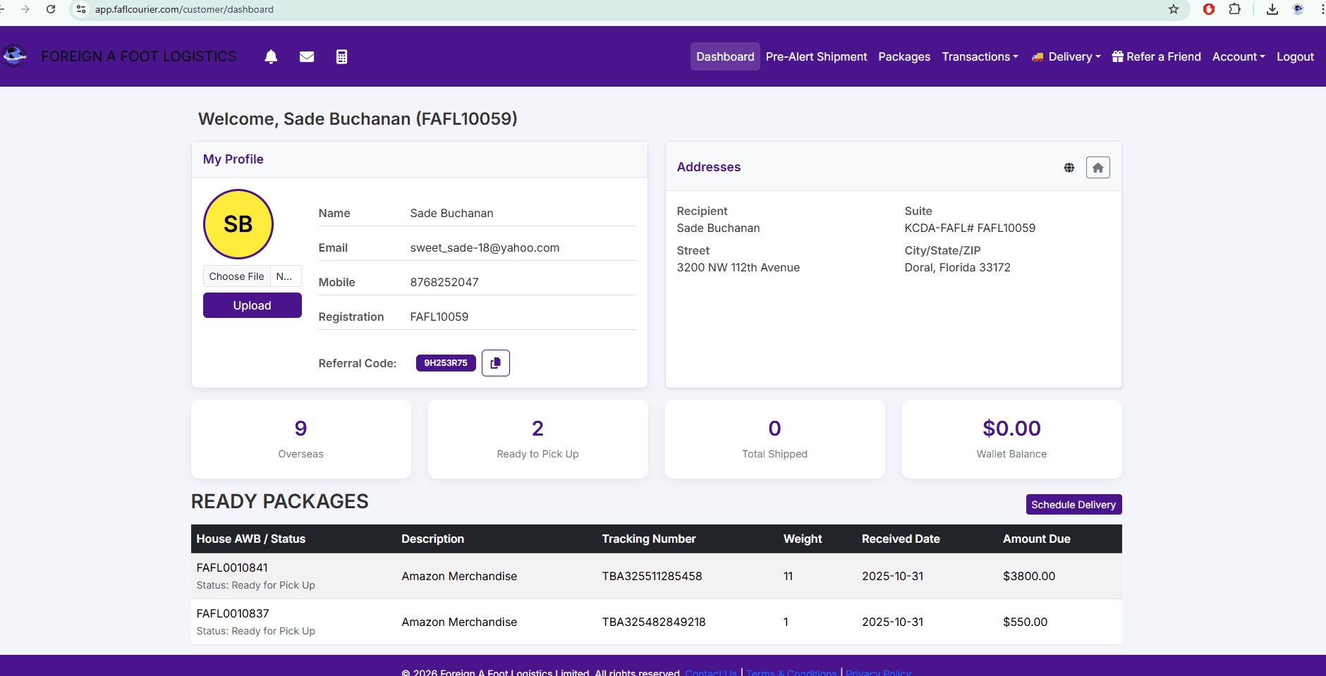 FAFL customer dashboard showing packages, invoices, and tracking